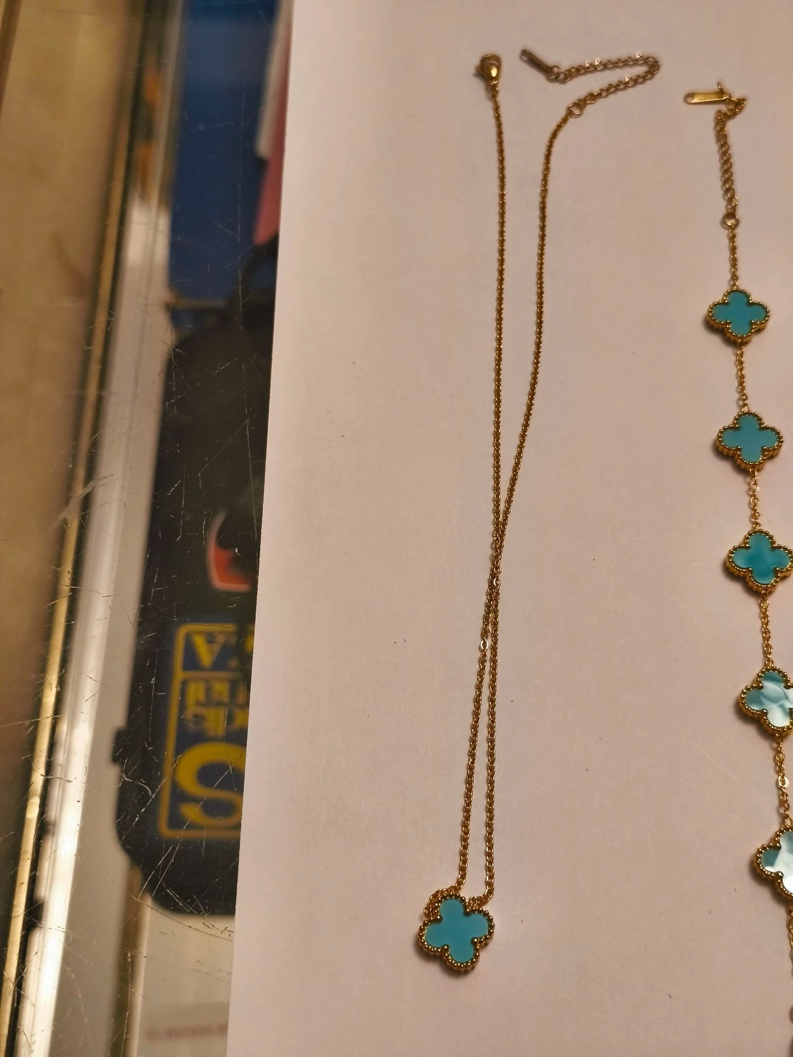 Conjunto de gargantilha pulseira e brincos de trevo cor turquesa – photo 15